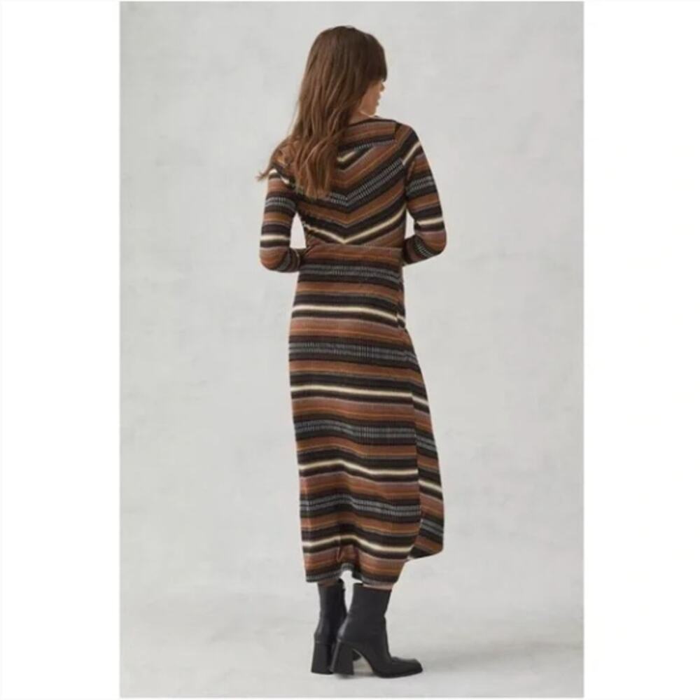 Anthropologie Maeve Striped Wrap Midi Dress Brown Black XS - Picture 3 of 8